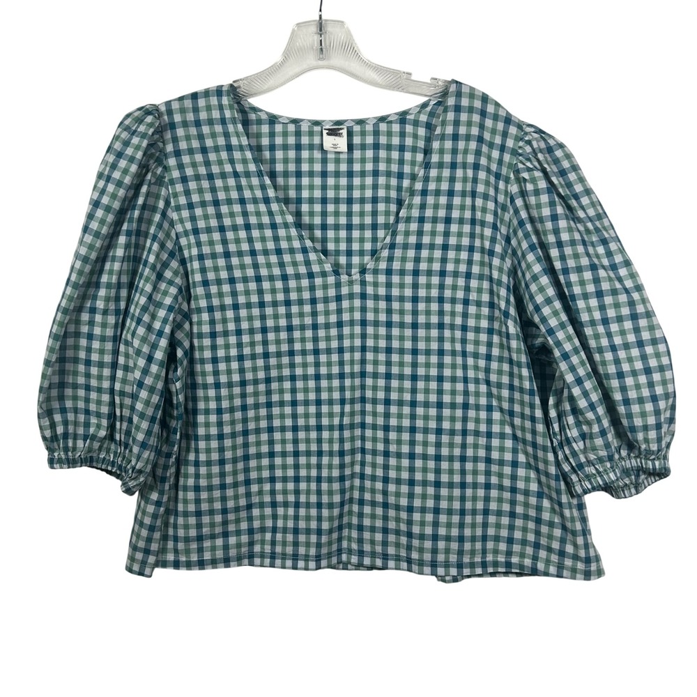 Melrose Market Green Gingham Puff Sleeve V-Neck Cotton Blouse Large
